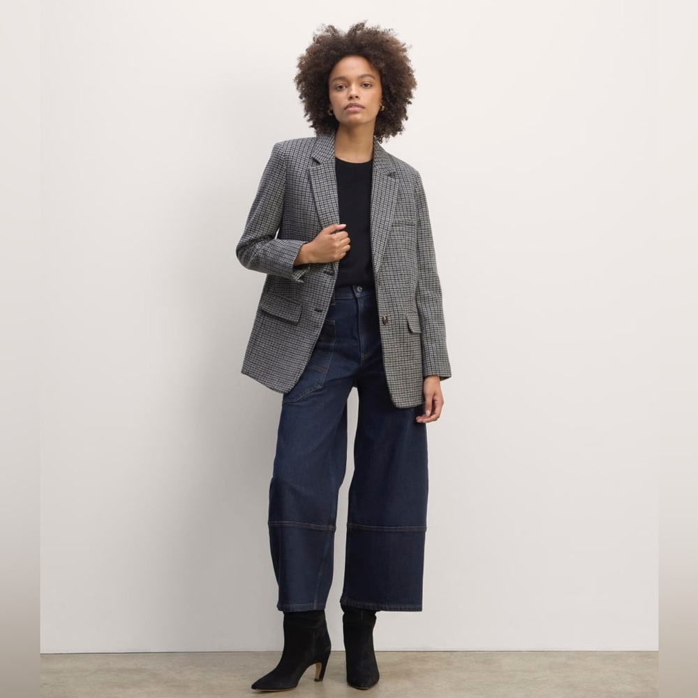 Everlane Plaid Wool Blazer Black White Women’s Size 8 The Oversized Glen